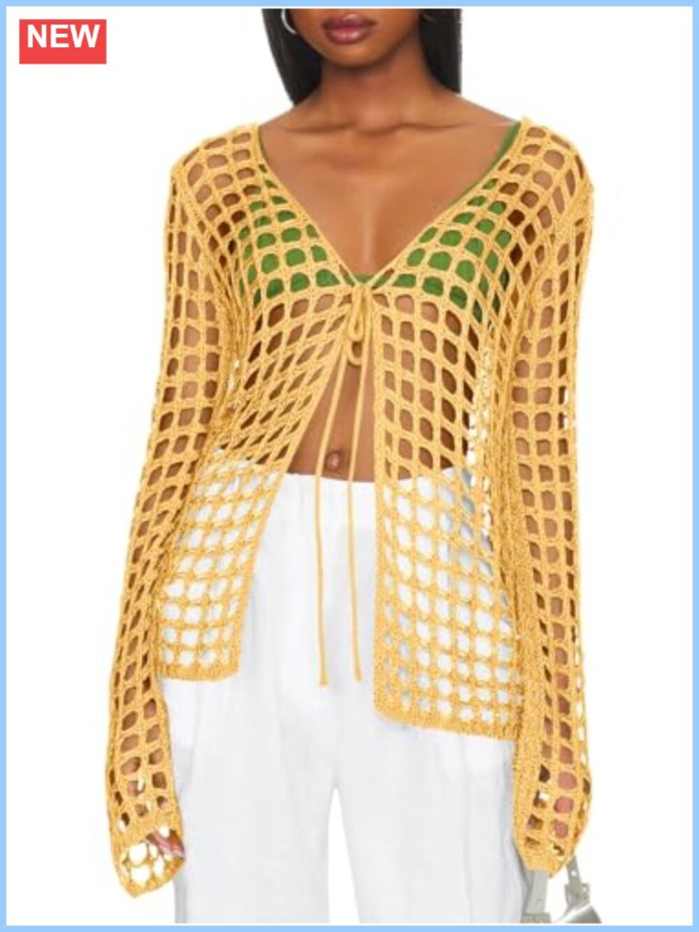 Acrylic Crochet Hollow Out Tie Front Long Sleeve Swim Cover Up Cardigan